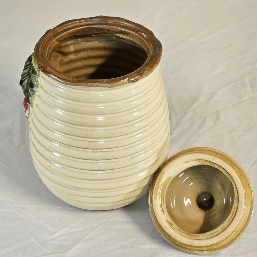 Vintage Ceramic Beehive Canister Red‎ Grapes Relief Lidded Cookie Jar Cream 8in